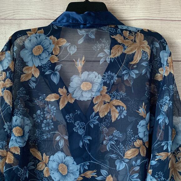Secret Treasures Blue Floral Sheer Pajama Top Button Up Front Satin Trim Size L - Picture 13 of 15